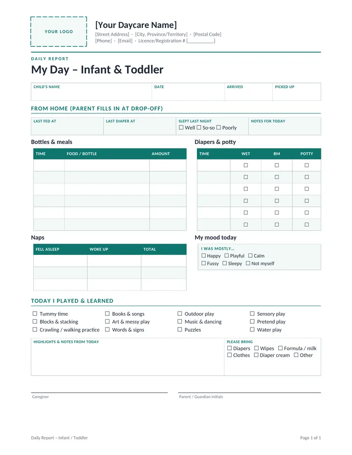 Daily Report: Infant/Toddler