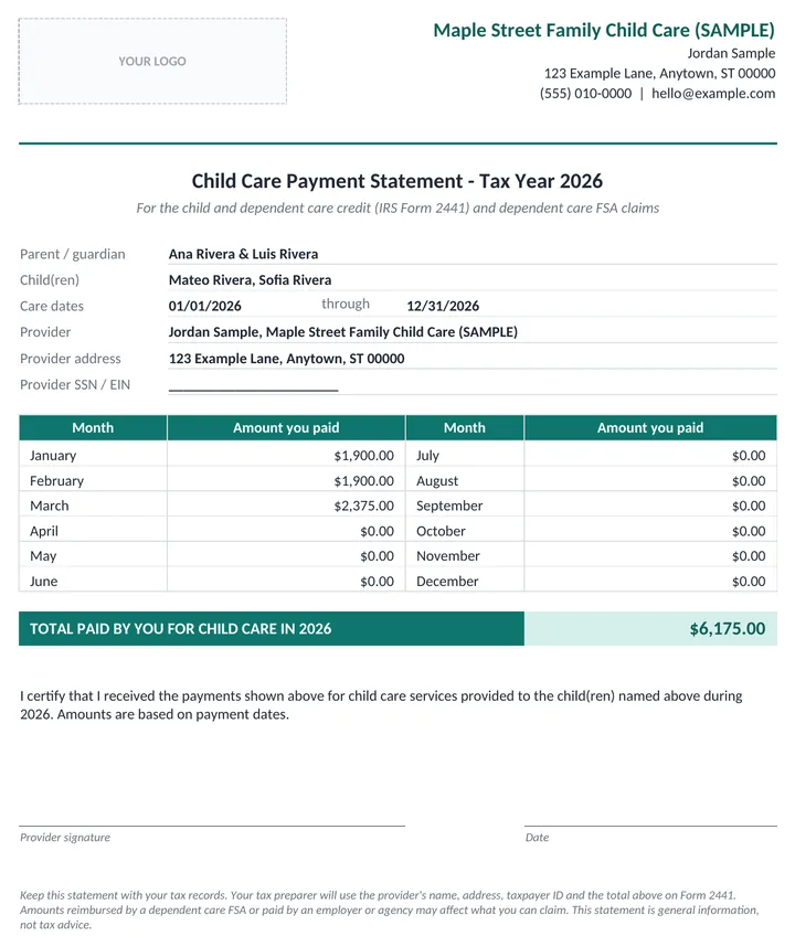 Home Daycare Money Workbook: printable year-end parent statement