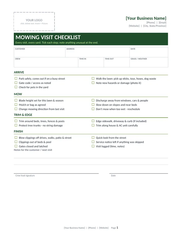 Mowing Visit Checklist