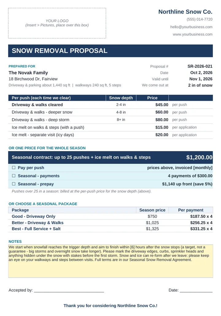 Client Quote with seasonal options and packages