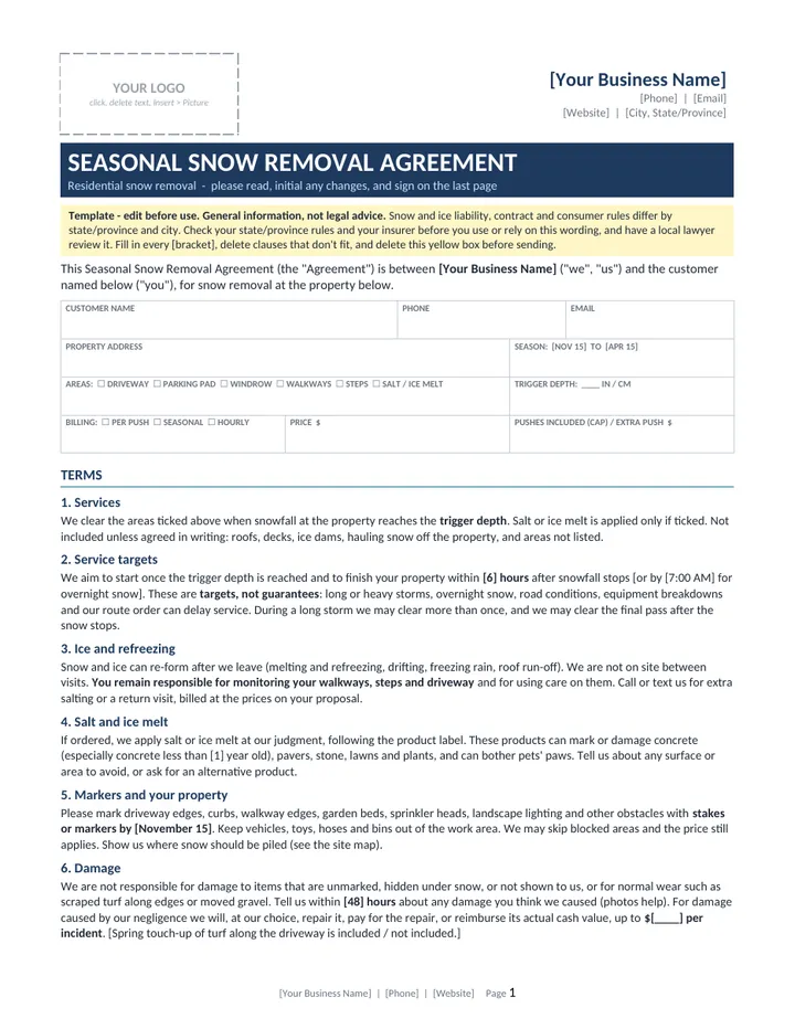 Seasonal Snow Removal Agreement