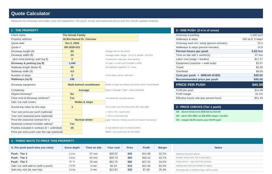 Quote Calculator: driveway and walkway inputs, cost per push, price per push and green price checks