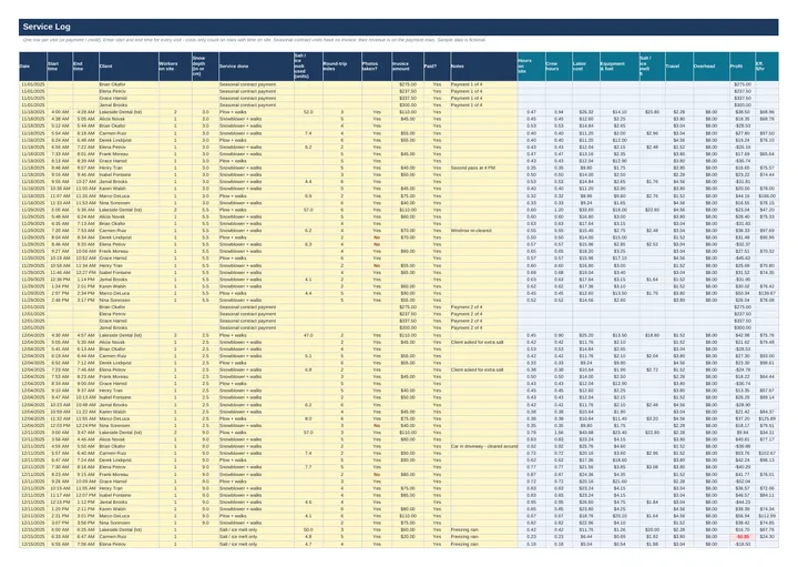 Service Log with start and end times